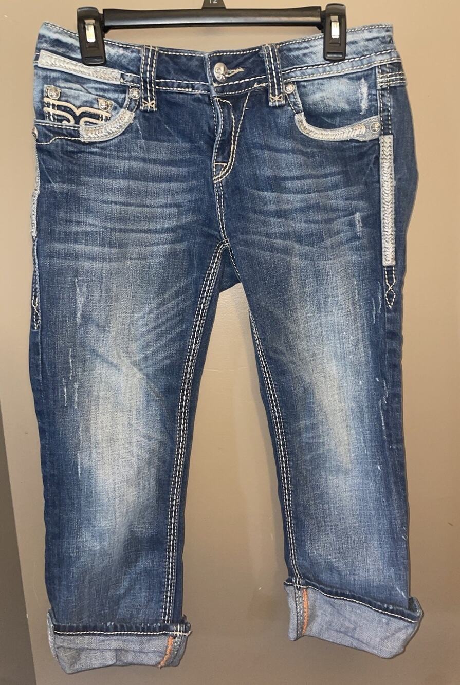 Women’s Rock Revival Denisa Easy Capri Jeans Sz 29 Rolled Bottoms Dark Wash